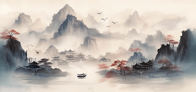 仙境山水红叶江面船只中国风意境水墨画背景,插画/手绘图,插画/手绘图库,插画/手绘图下载,插画/手绘